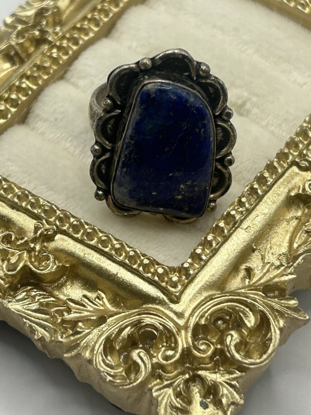 Vintage Lapis Lazuli Adjustable Ring Blue Stone Boho Statement Silver Tone Big - Picture 15 of 16